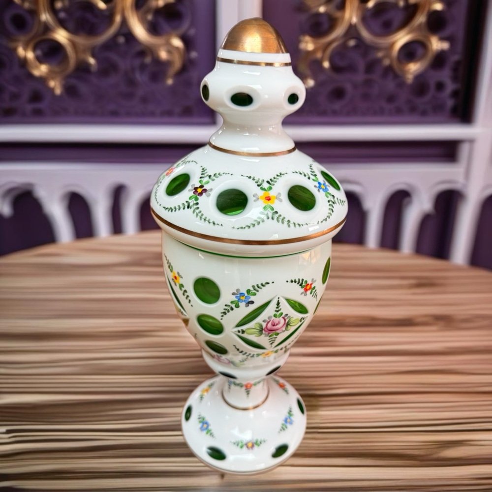 Vintage Bohemian cased crystal Compote
Hand painted in very good condition